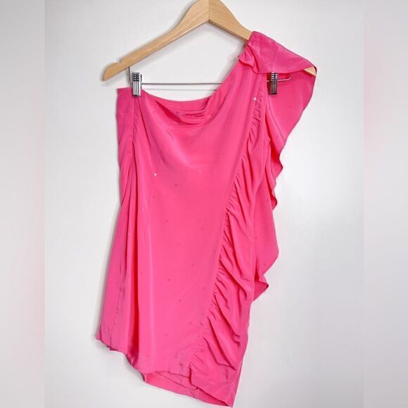 Madison Marcus One Shoulder Silk Pink Ruffle Mini Sequin Detailed Dress Size XS - Picture 5 of 9